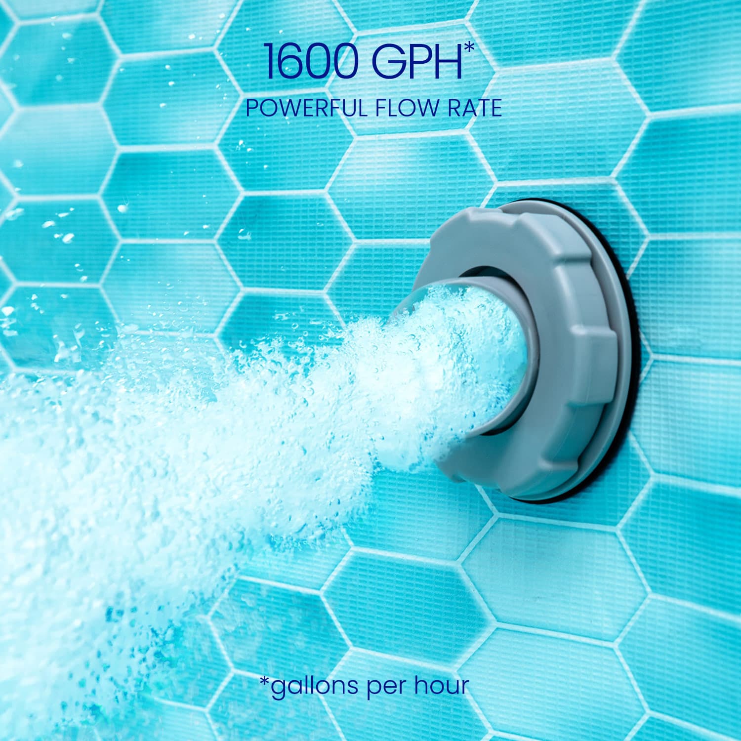 Pool filter with 1600 GPH flow rate on a blue tiled background