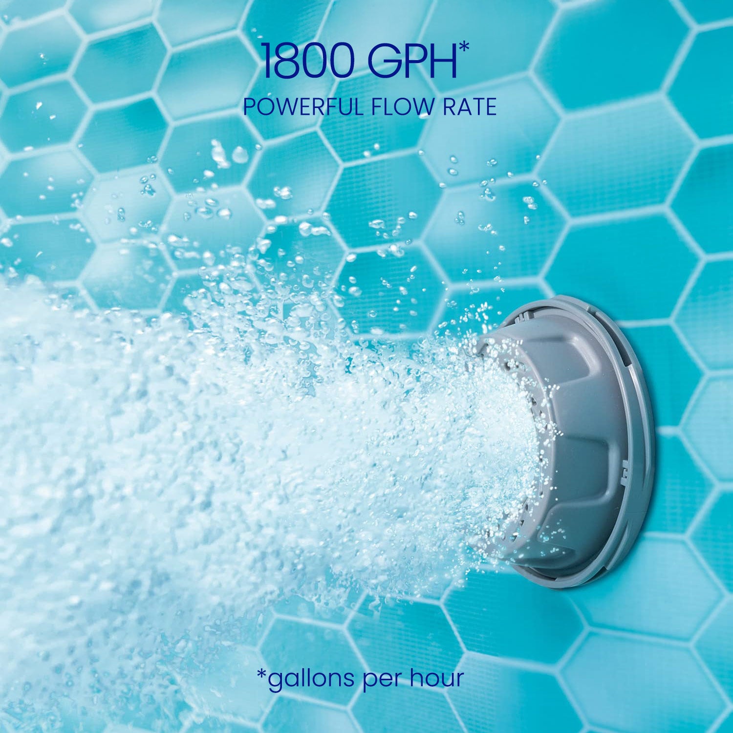Pool filter with 1800 GPH flow rate on a blue tiled background