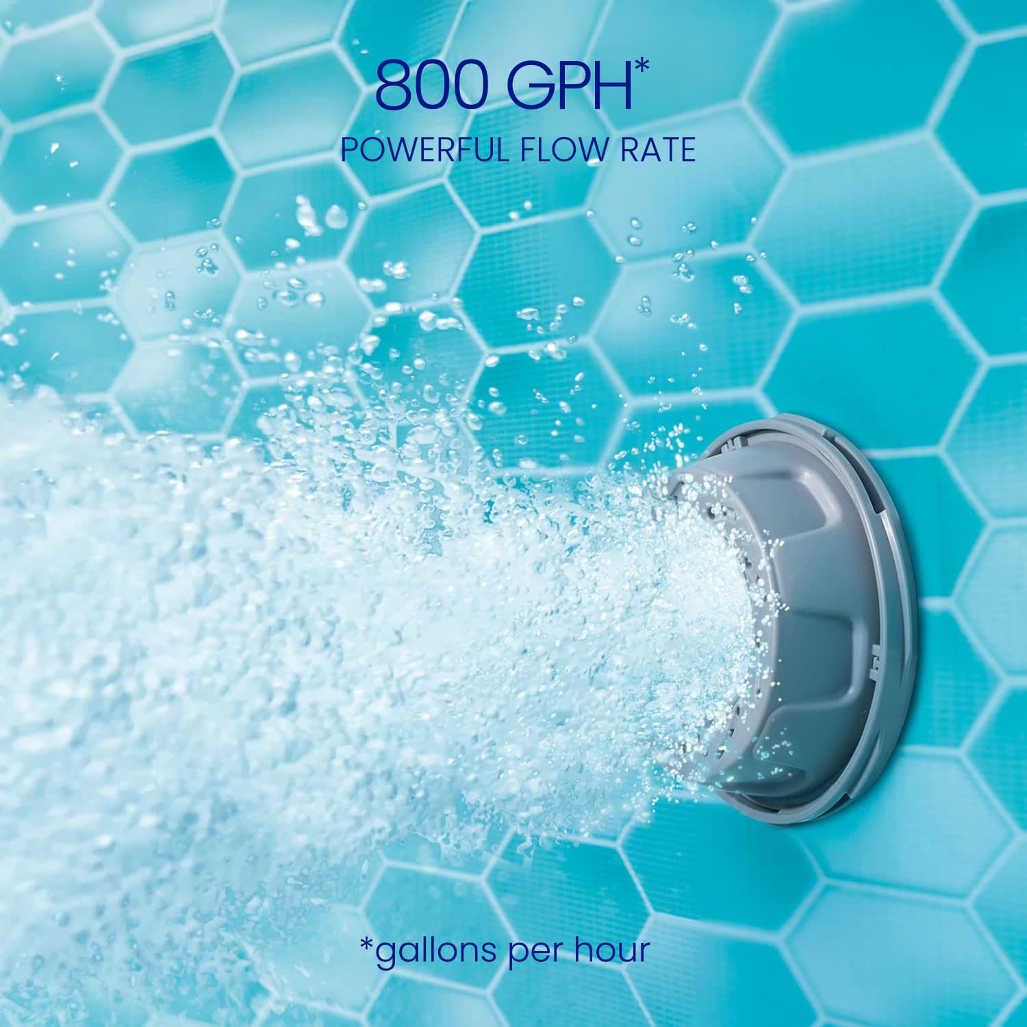 Pool filter with 800 GPH flow rate on a blue tiled background