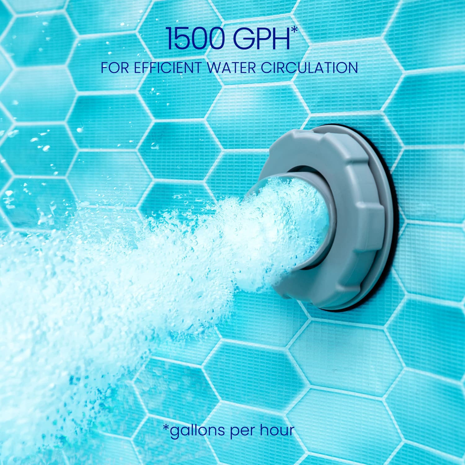 Pool filter with 1500 GPH text on a blue tiled background