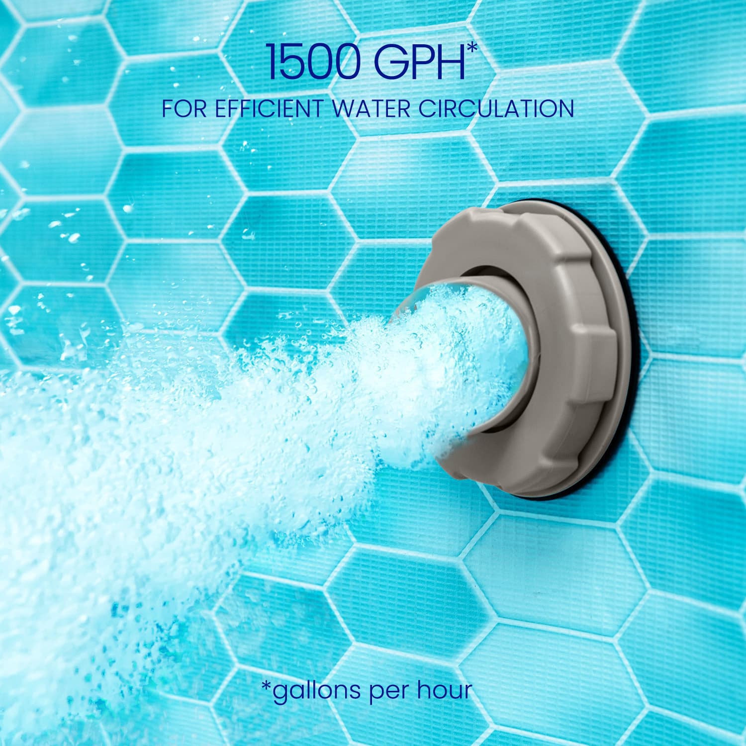 Pool filter with water circulation text on a blue tiled background