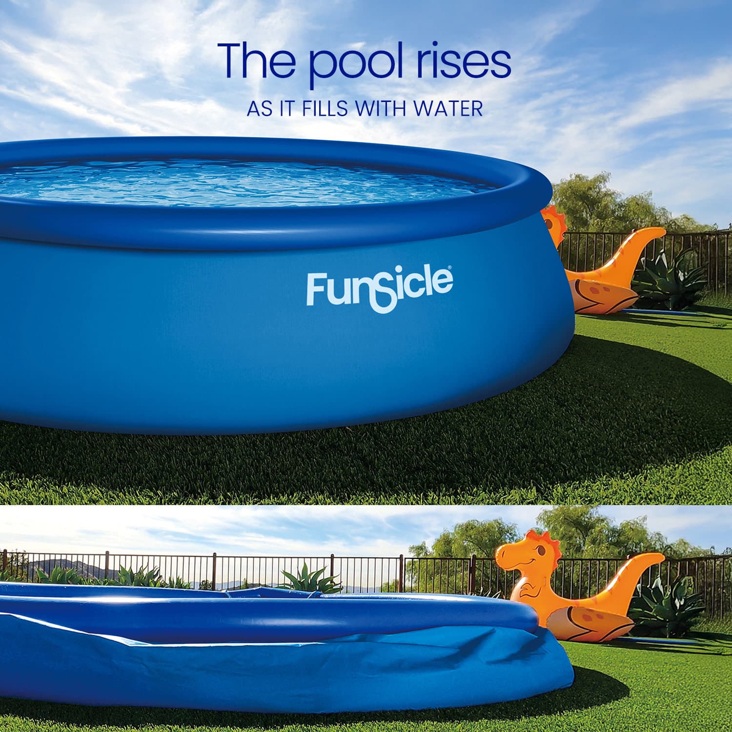 Funsicle inflatable pool with water filling it up, set against a grassy outdoor background.