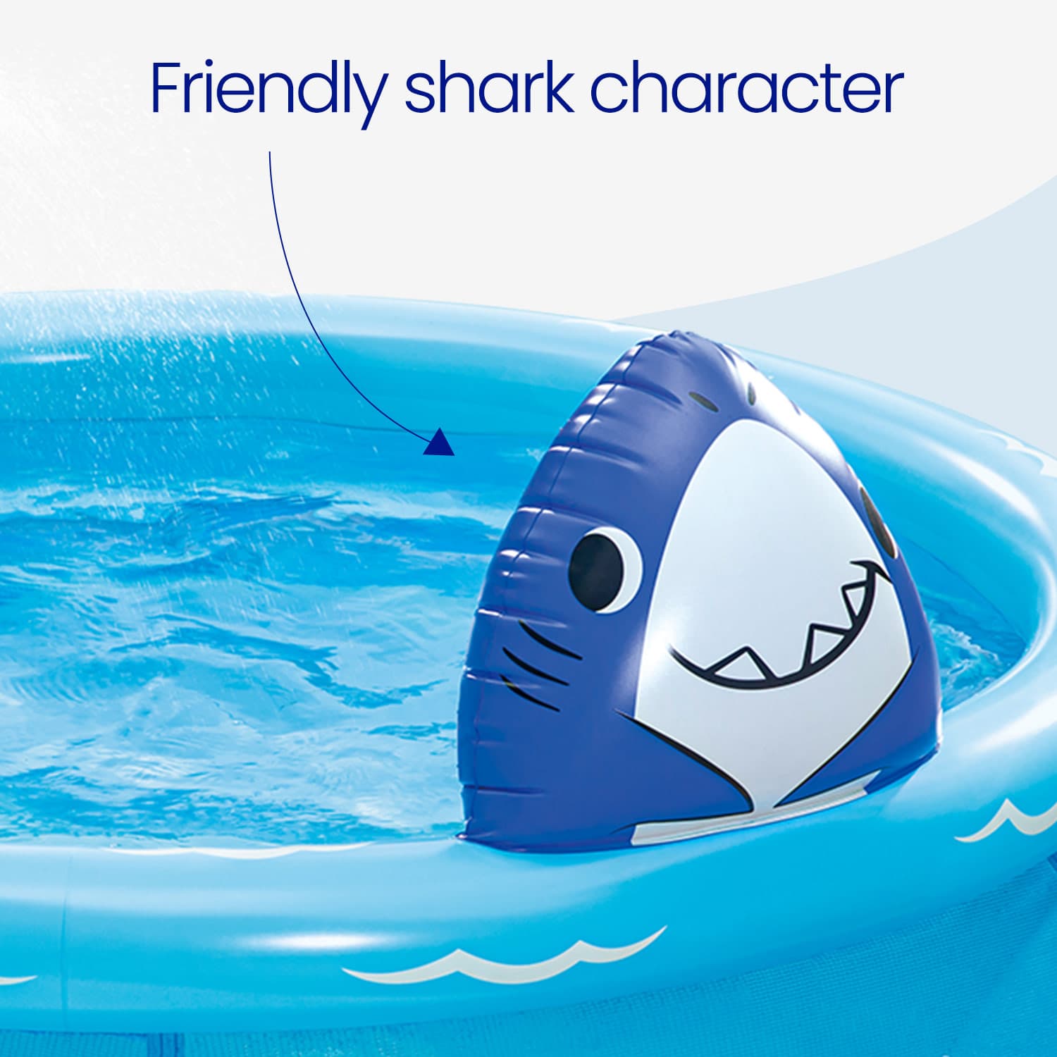 Inflatable shark-shaped pool toy in a pool with text 'Friendly shark character'.