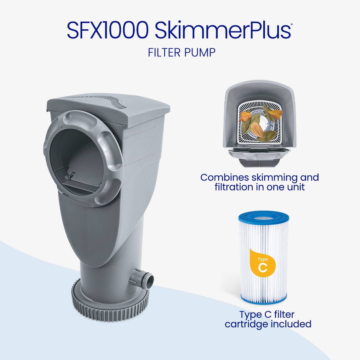 SFX1000 SkimmerPlus filter pump with a Type C filter cartridge on a light blue background