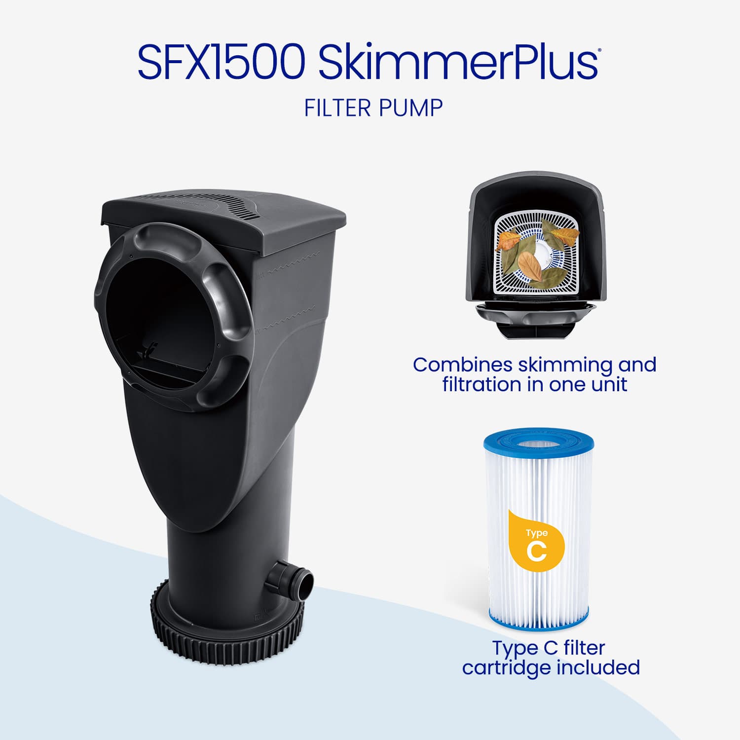 SFX1500 SkimmerPlus filter pump with a Type C filter cartridge on a light gray background