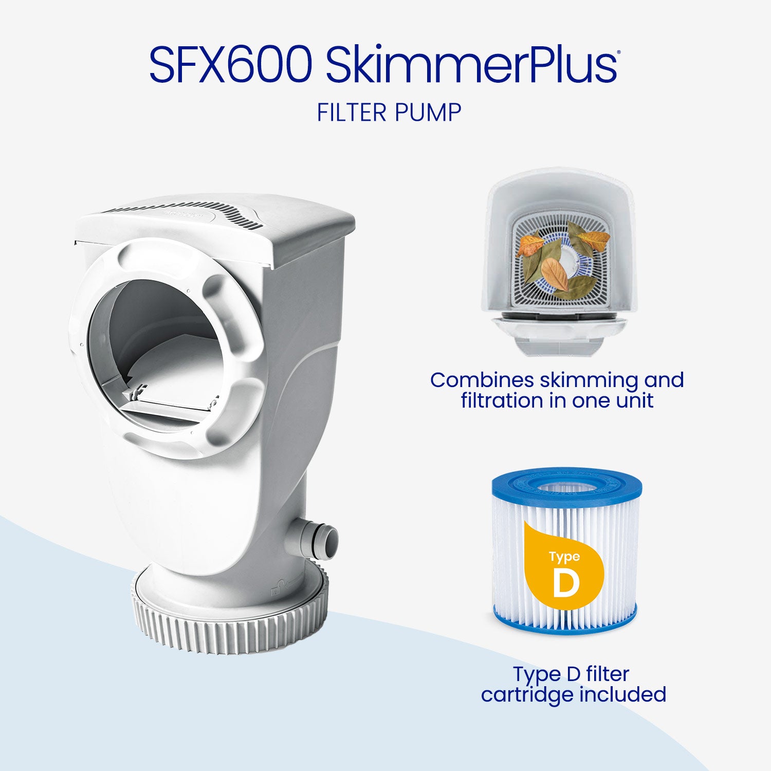 SFX600 SkimmerPlus filter pump with Type D filter cartridge on a white background