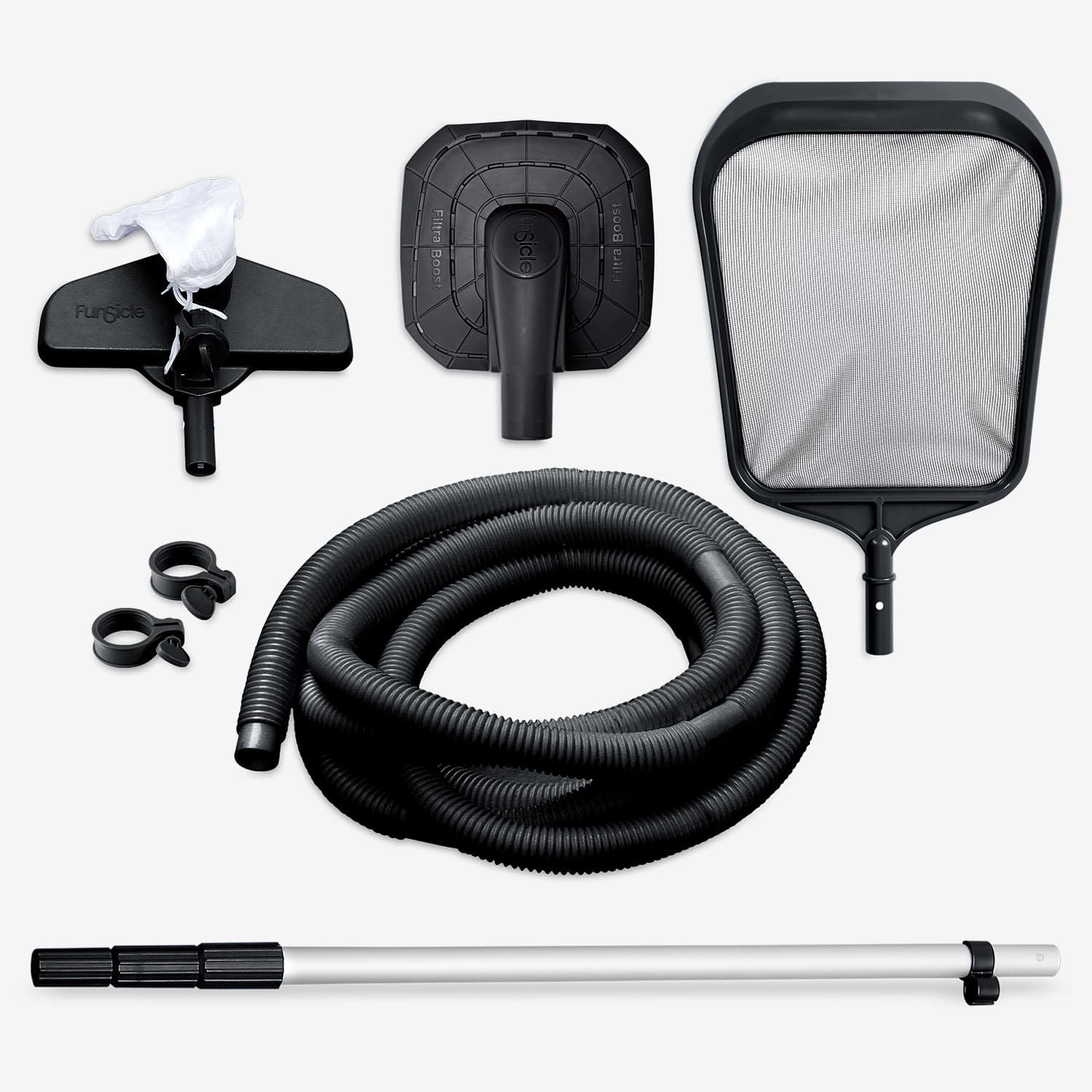 Pool cleaning tools including a vacuum hose, leaf skimmer, and cleaning brush on a white background.