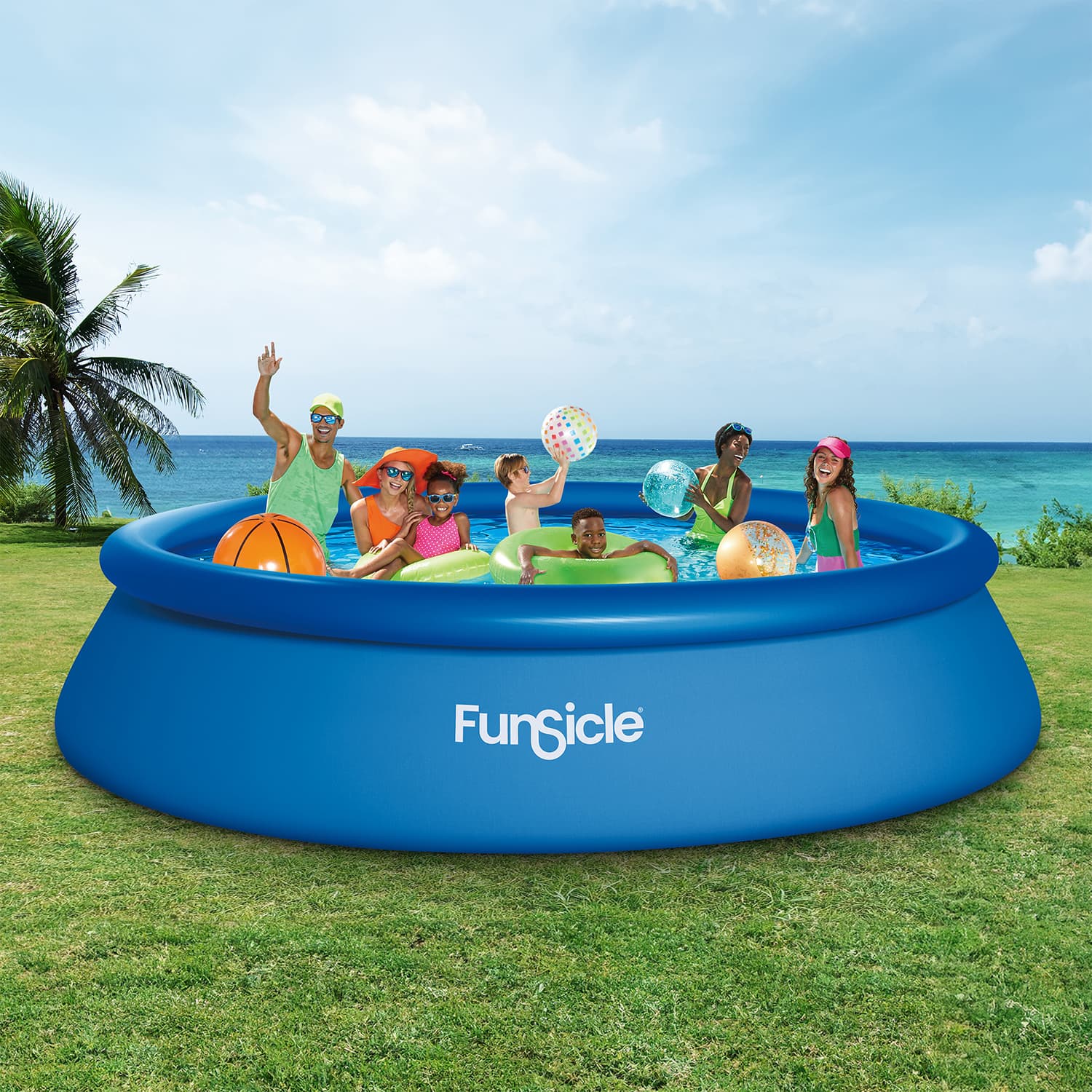 Inflatable pool with children playing in a grassy area by the ocean, featuring the Funsicle brand.