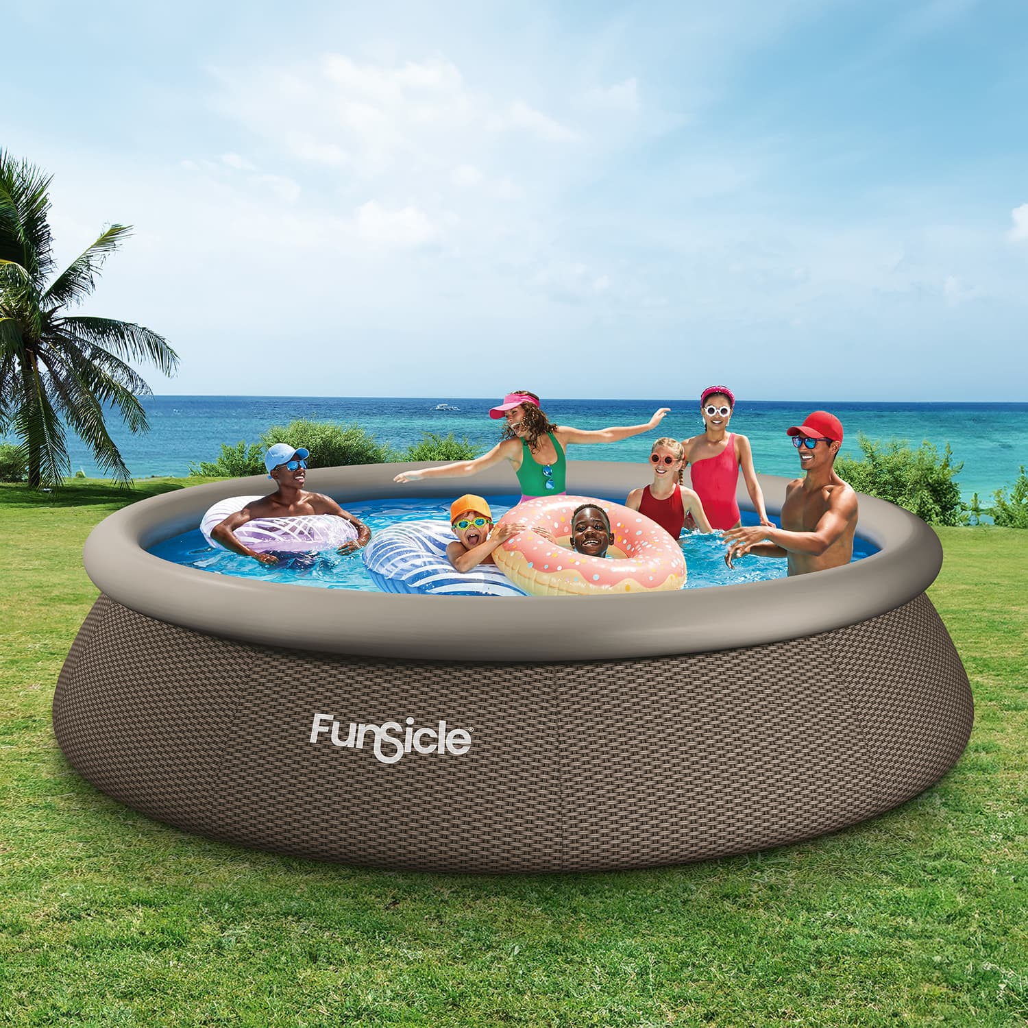 Inflatable pool with people enjoying a sunny day by the ocean.