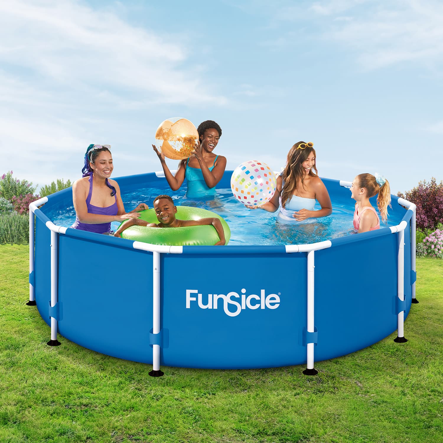 Children playing in a blue Funsicle pool on a grassy area with a clear sky.
