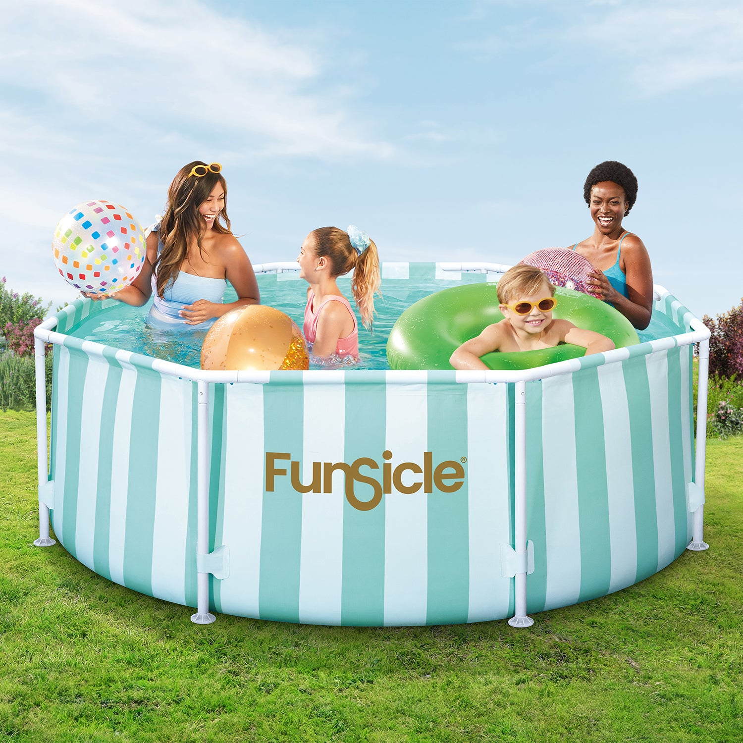 Funsicle inflatable pool with children and adults in a grassy area