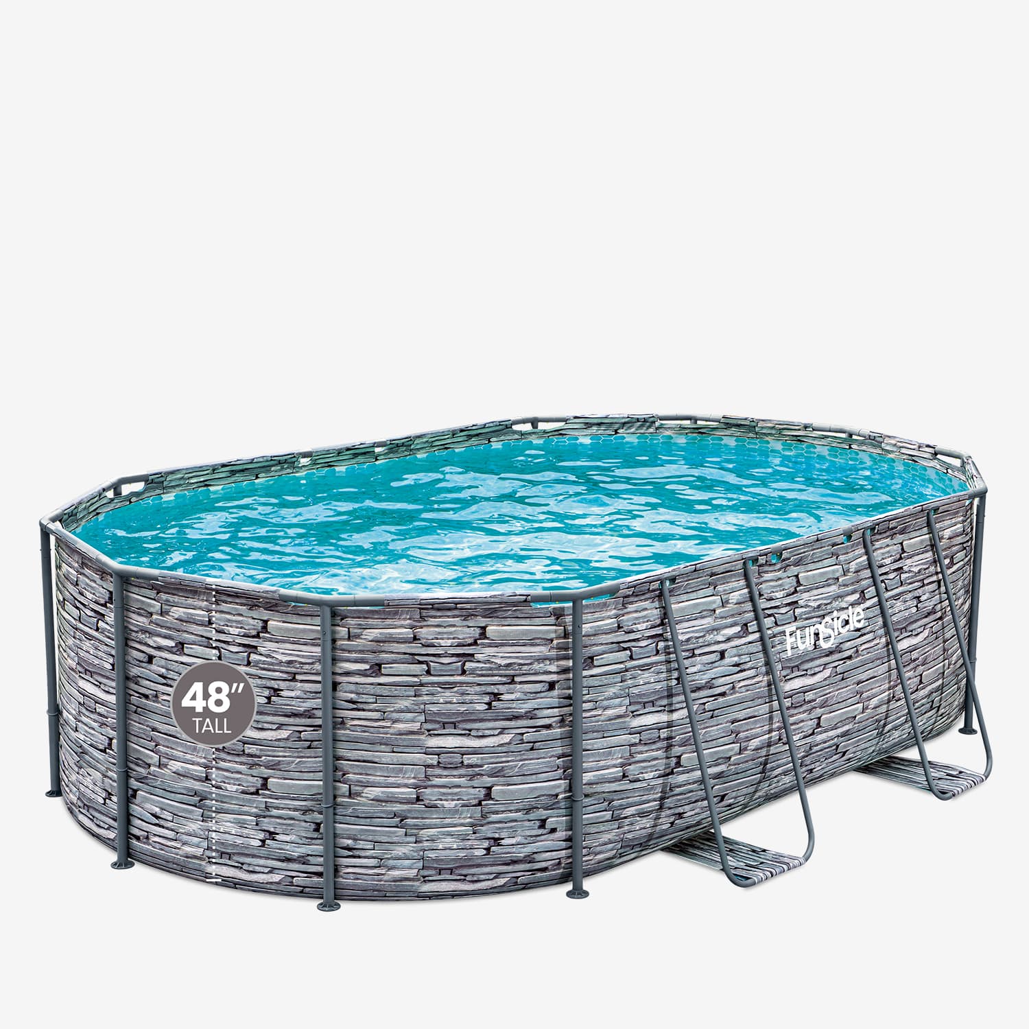 Elevated view of a rectangular pool with stone-like design on a white background