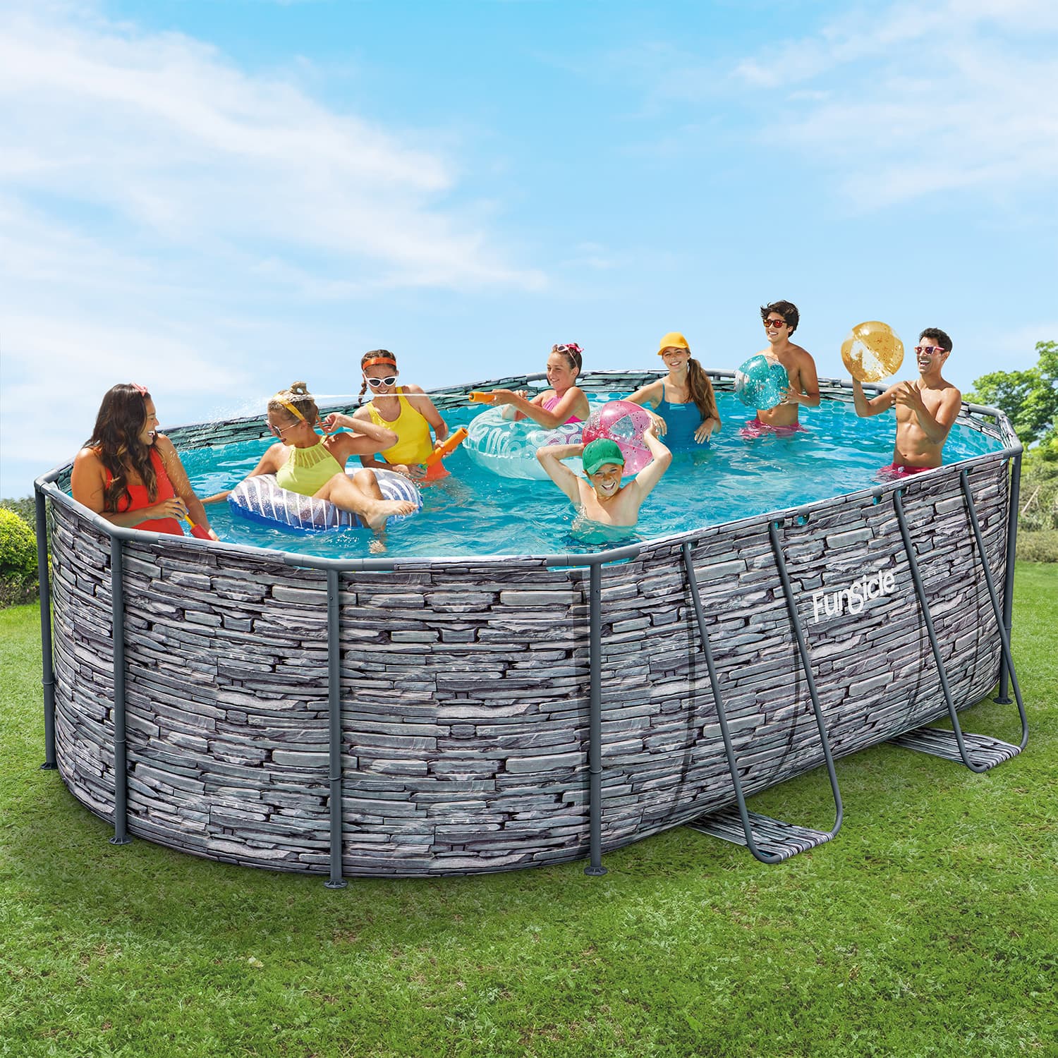 People enjoying a swimming pool on a sunny day with a clear blue sky.