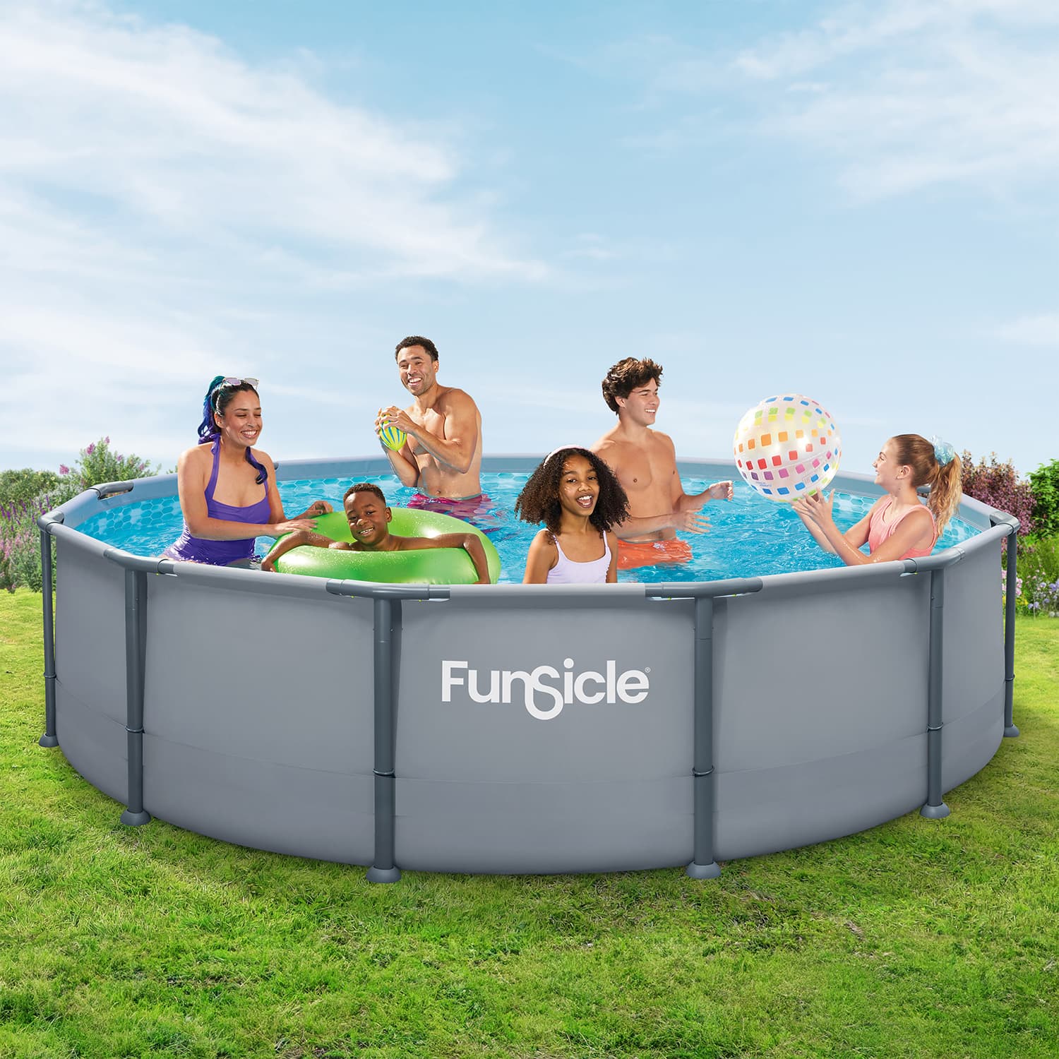 People enjoying a pool party with a Funsicle branded pool.