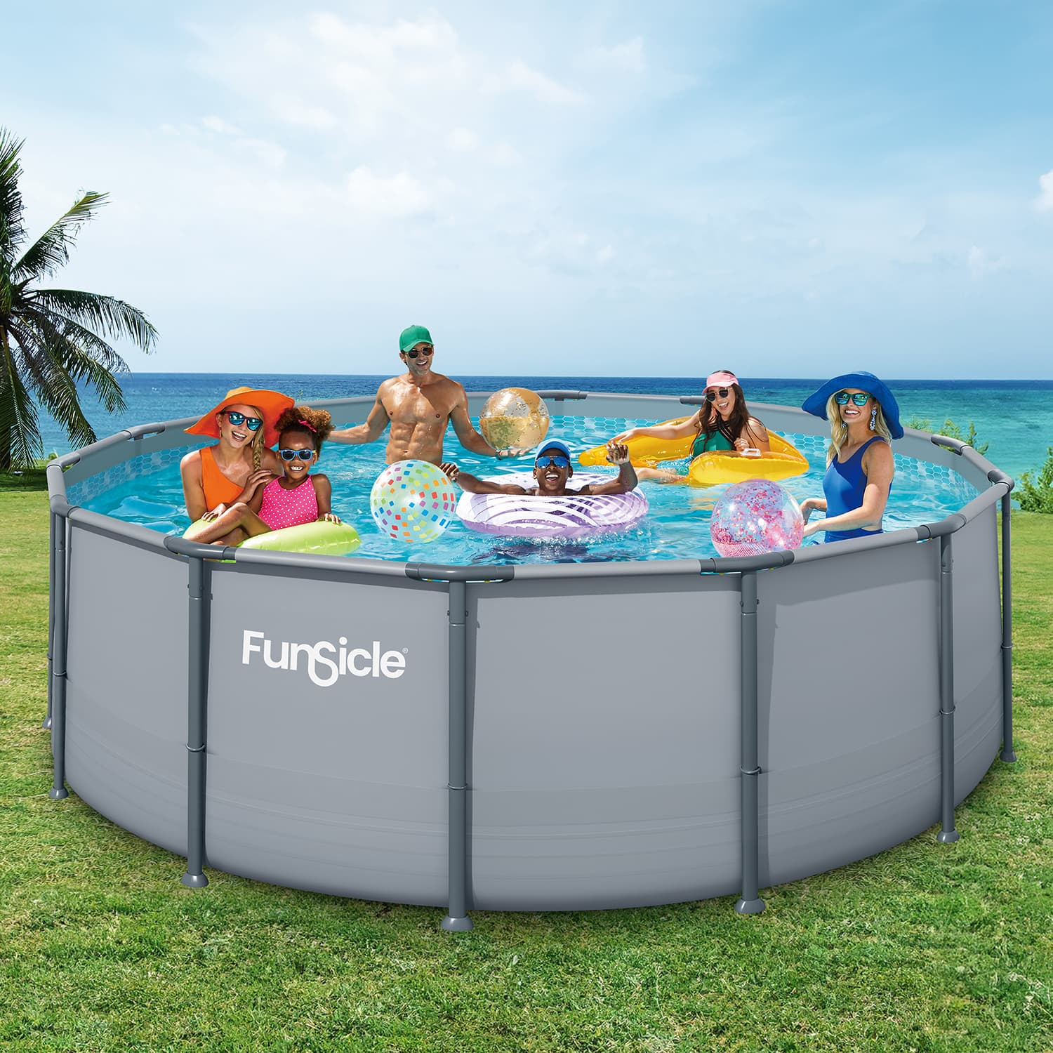 Family enjoying a swim in a FunSicle above-ground pool with a clear blue sky and ocean in the background.