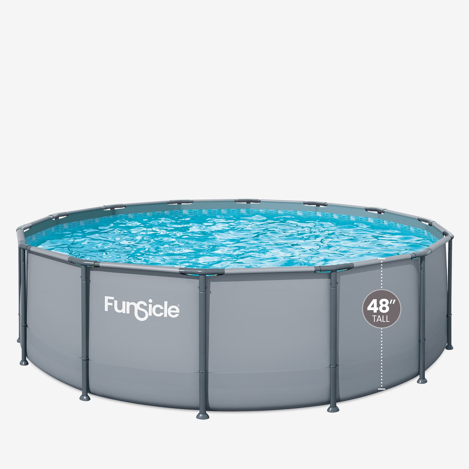 Round above-ground pool with gray frame and blue water on a white background