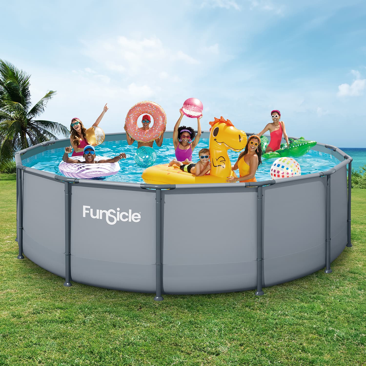 Children playing in a Funsicle above-ground pool with inflatable toys on a grassy area.