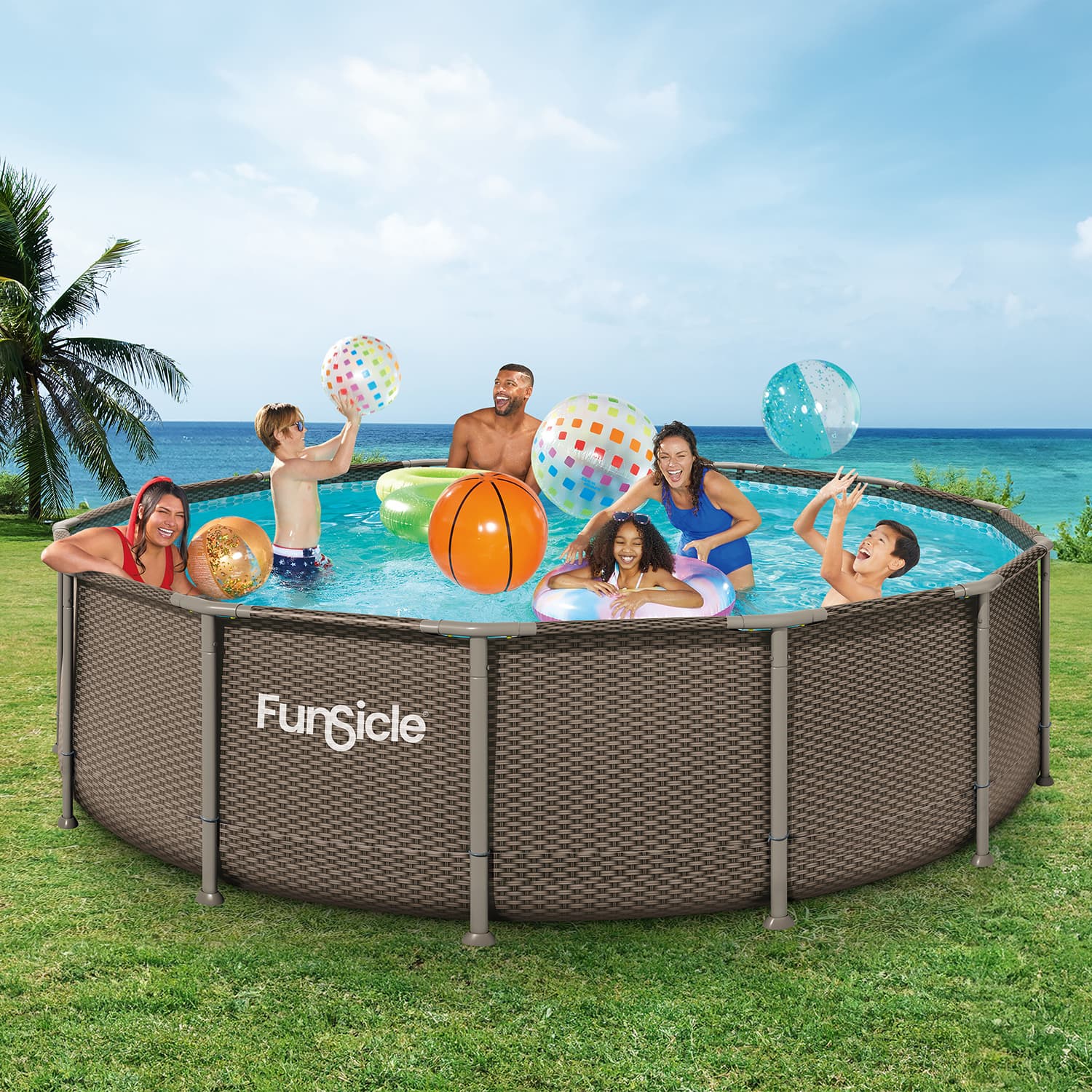 Children playing in a round above-ground pool with beach balls and a palm tree in the background.