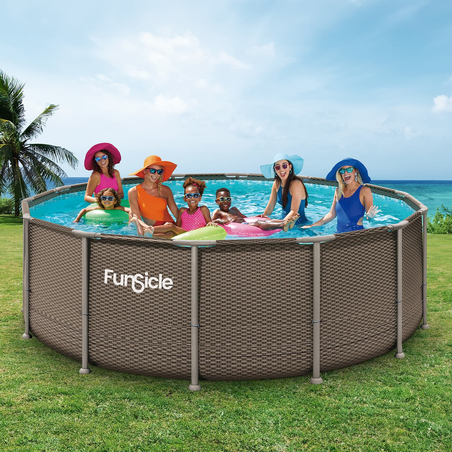 Children and adults playing in a FunSicle above-ground pool outdoors.