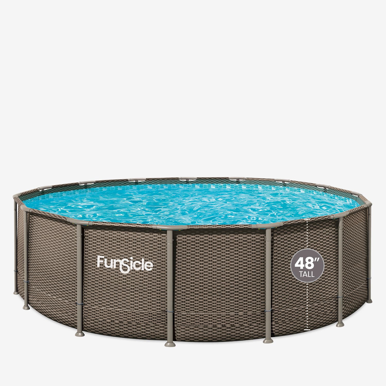 Round above-ground pool with wicker-like frame and blue water, featuring the brand 'Funsicle'.