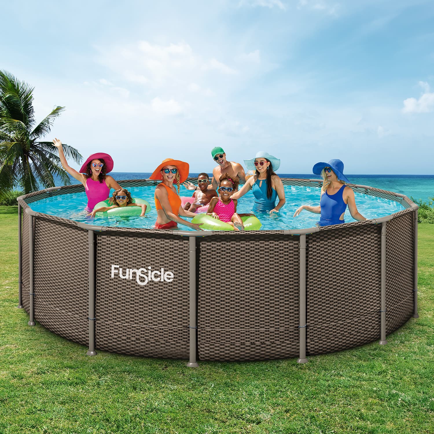People enjoying a swim in a round above-ground pool with a wicker-like cover, set against a scenic ocean backdrop.