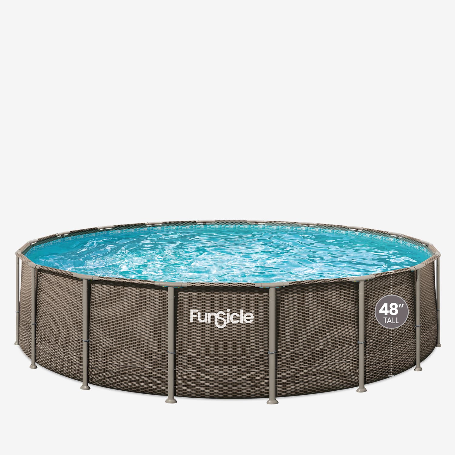 Round above-ground pool with wicker-like design and blue water on a white background