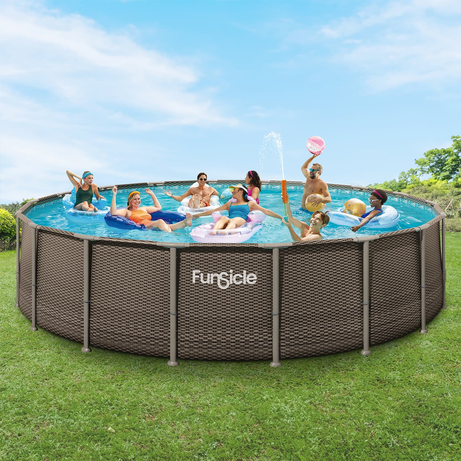 Children playing in a Funsicle above-ground pool on a sunny day.