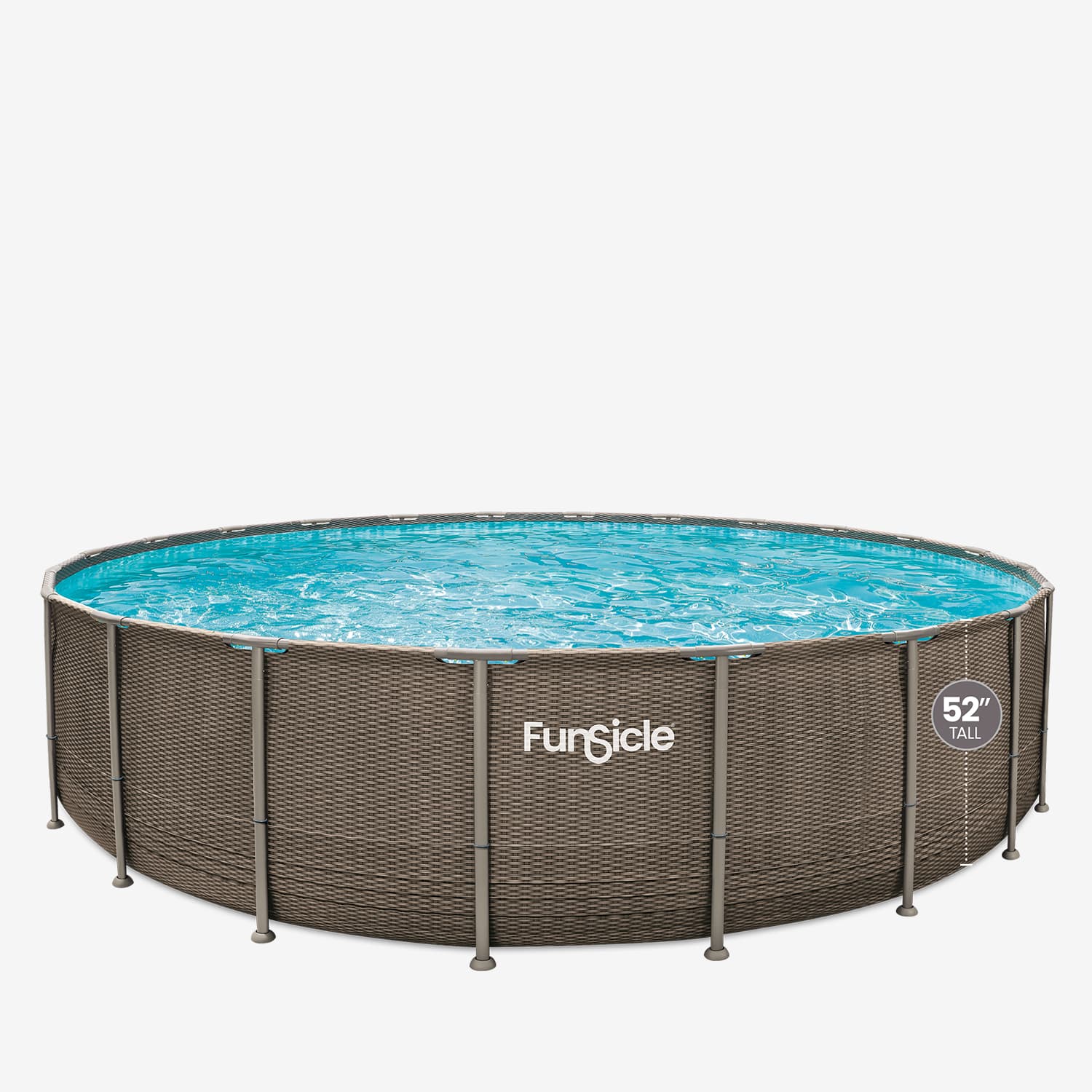 Round above-ground pool with wicker-like frame and blue water on a white background
