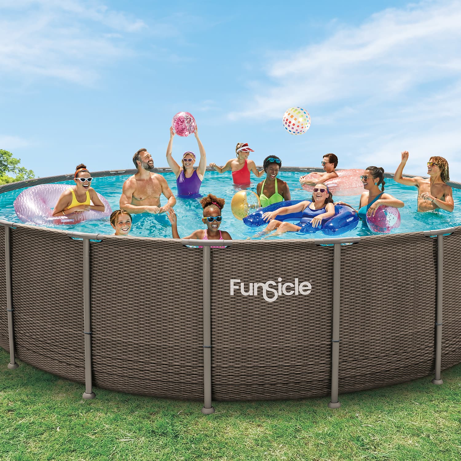 People enjoying a pool party with a Funsicle pool in the background