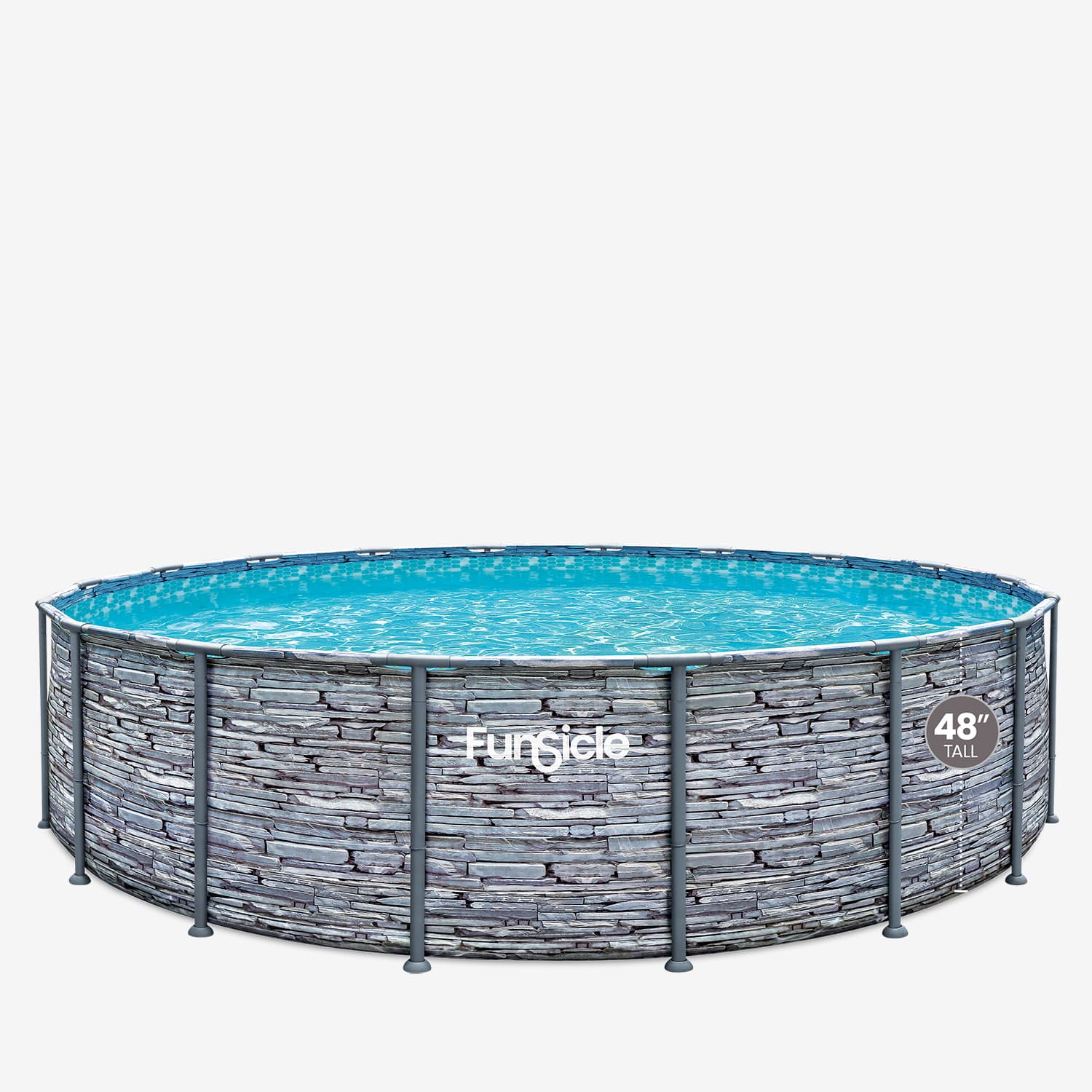 Round above-ground pool with stone-like gray frame on a white background