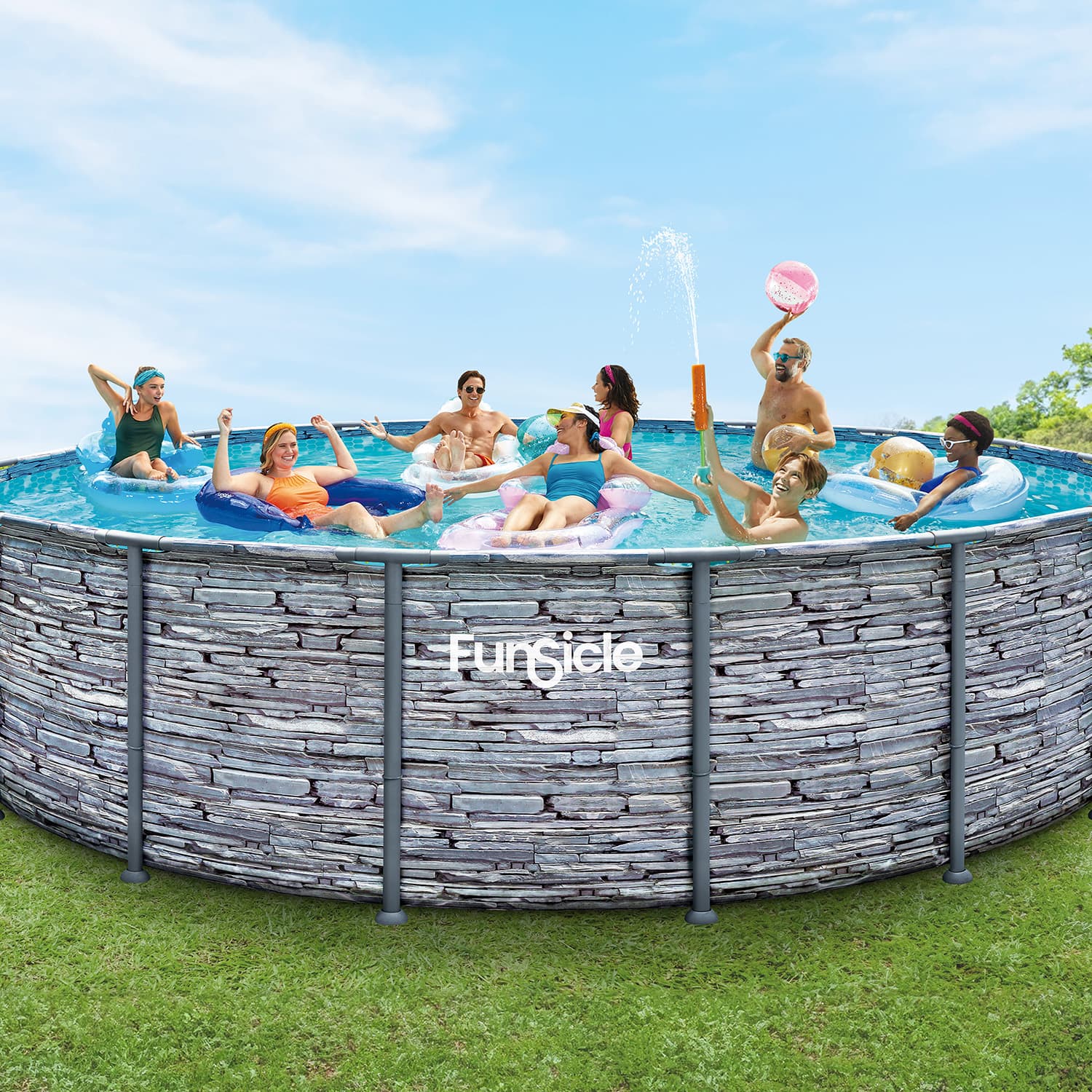 People enjoying a pool party in a stone-look pool with Funsicle branding.