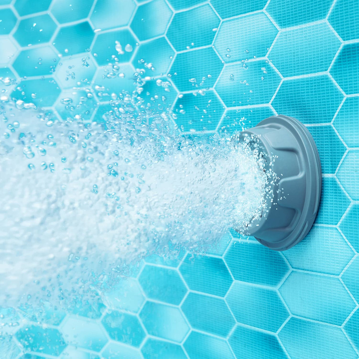 Pool pump with water and foam on a hexagonal pool tile background