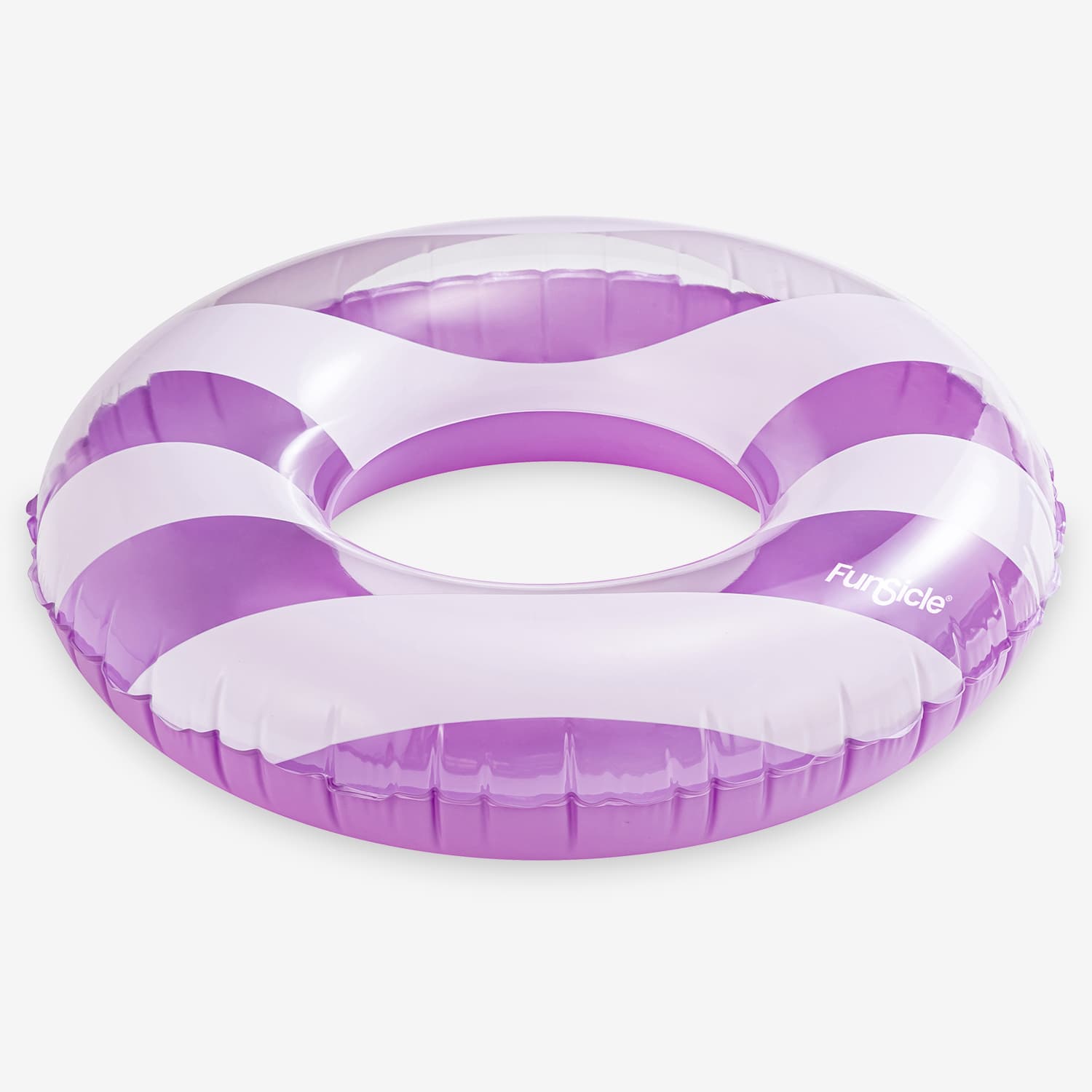 Inflatable pool float with purple and white striped pattern on a white background