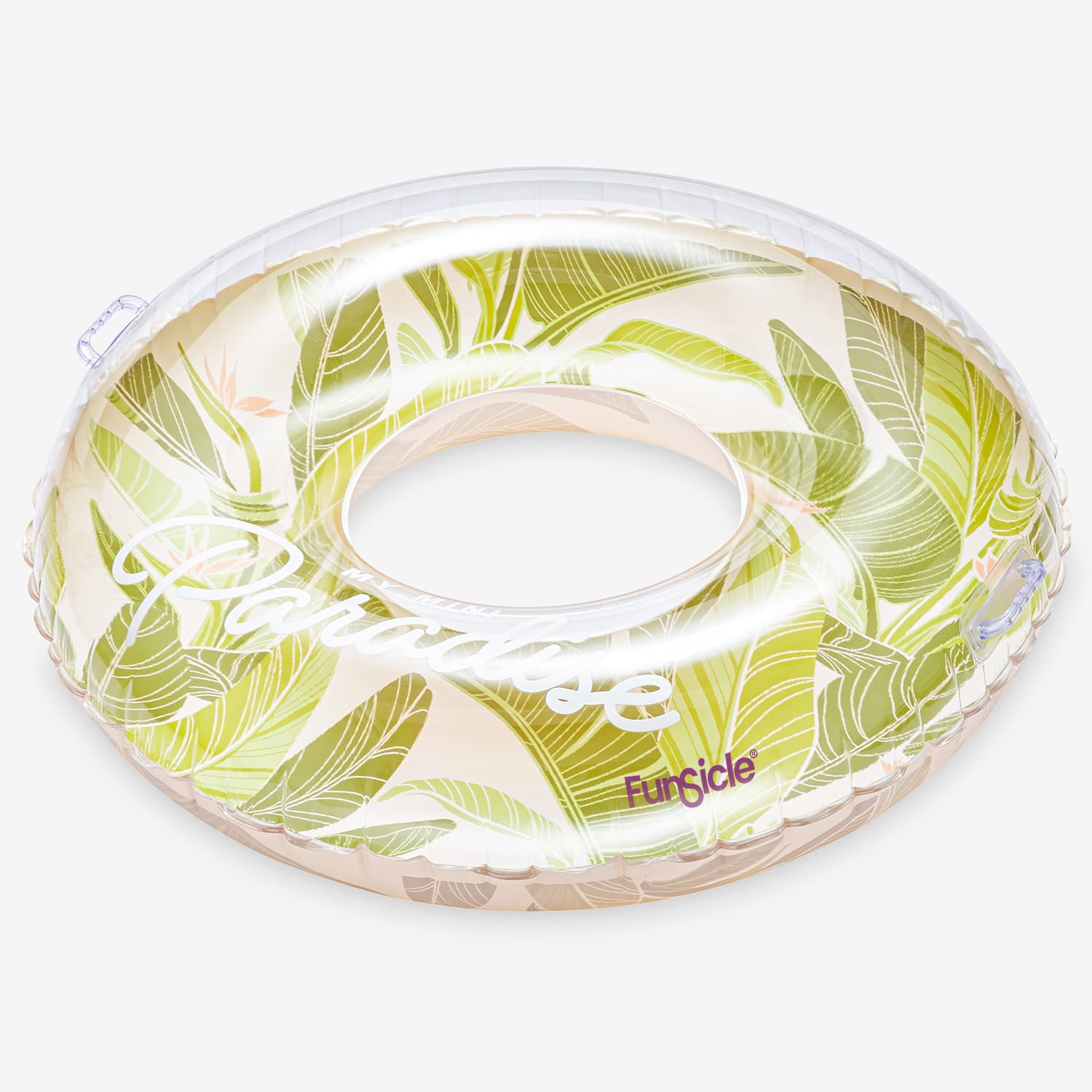Clear inflatable ring with green leaf pattern on a white background