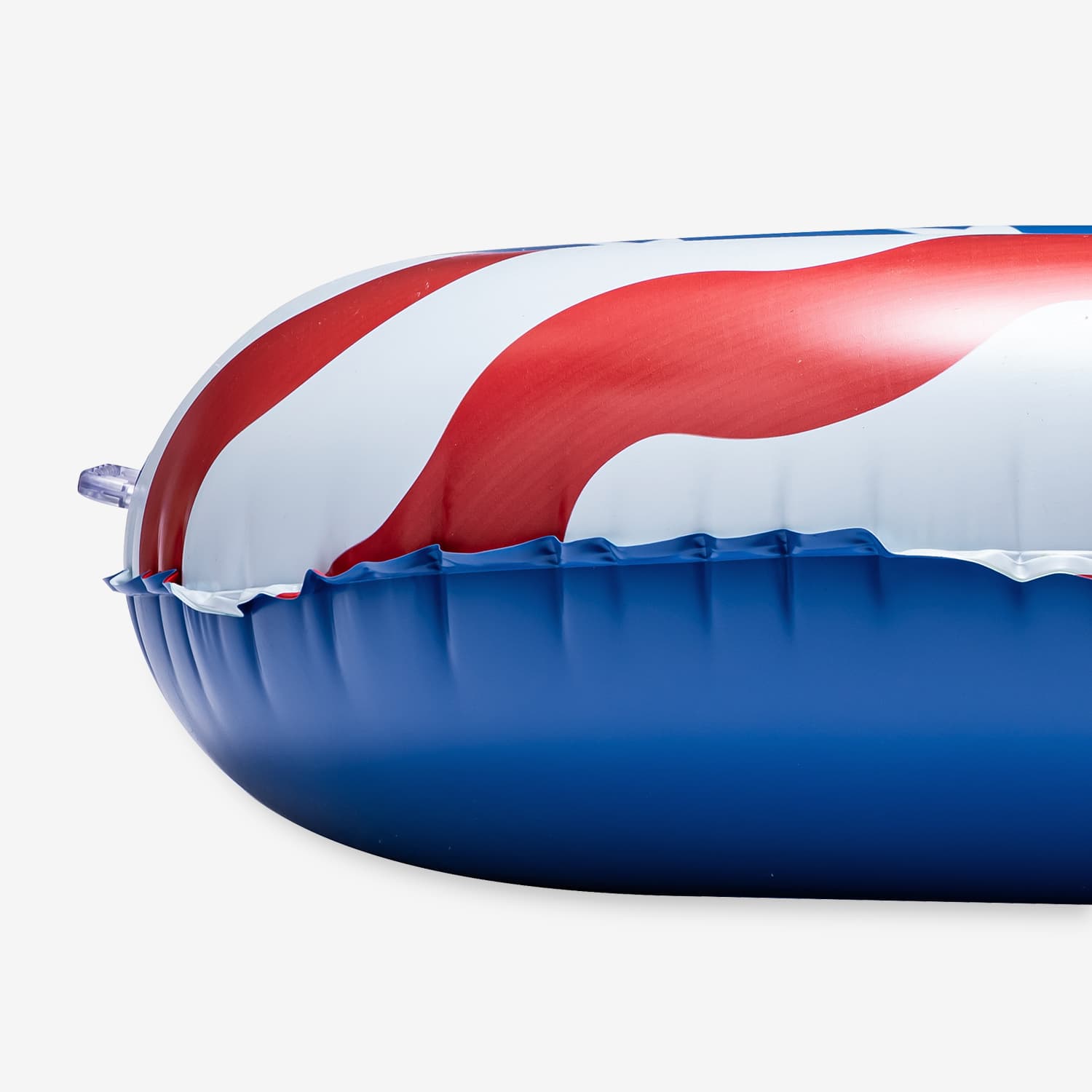 Inflatable tube with red, white, and blue colors on a white background