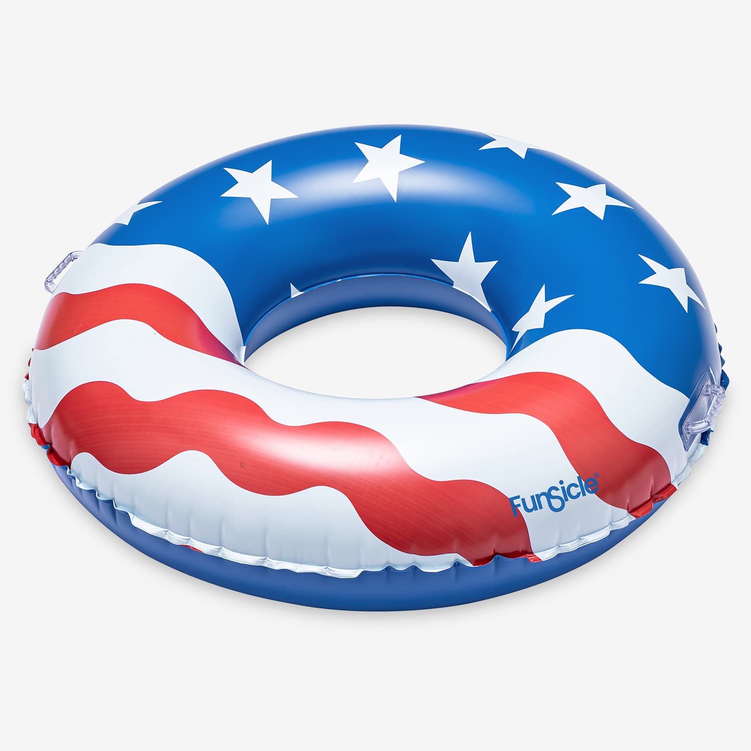 Inflatable pool ring with American flag design on a white background