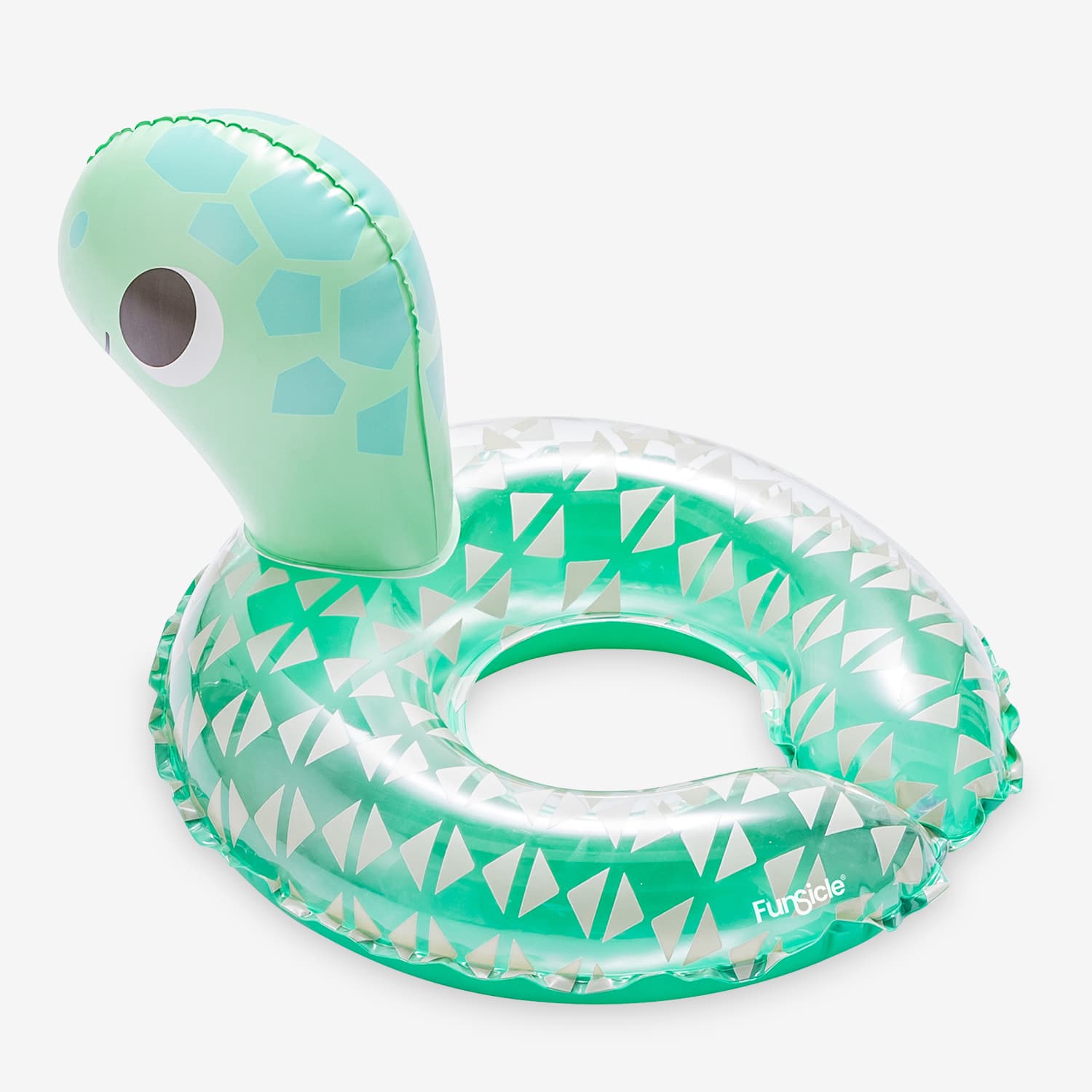 Inflatable turtle-shaped pool float with geometric pattern on a white background