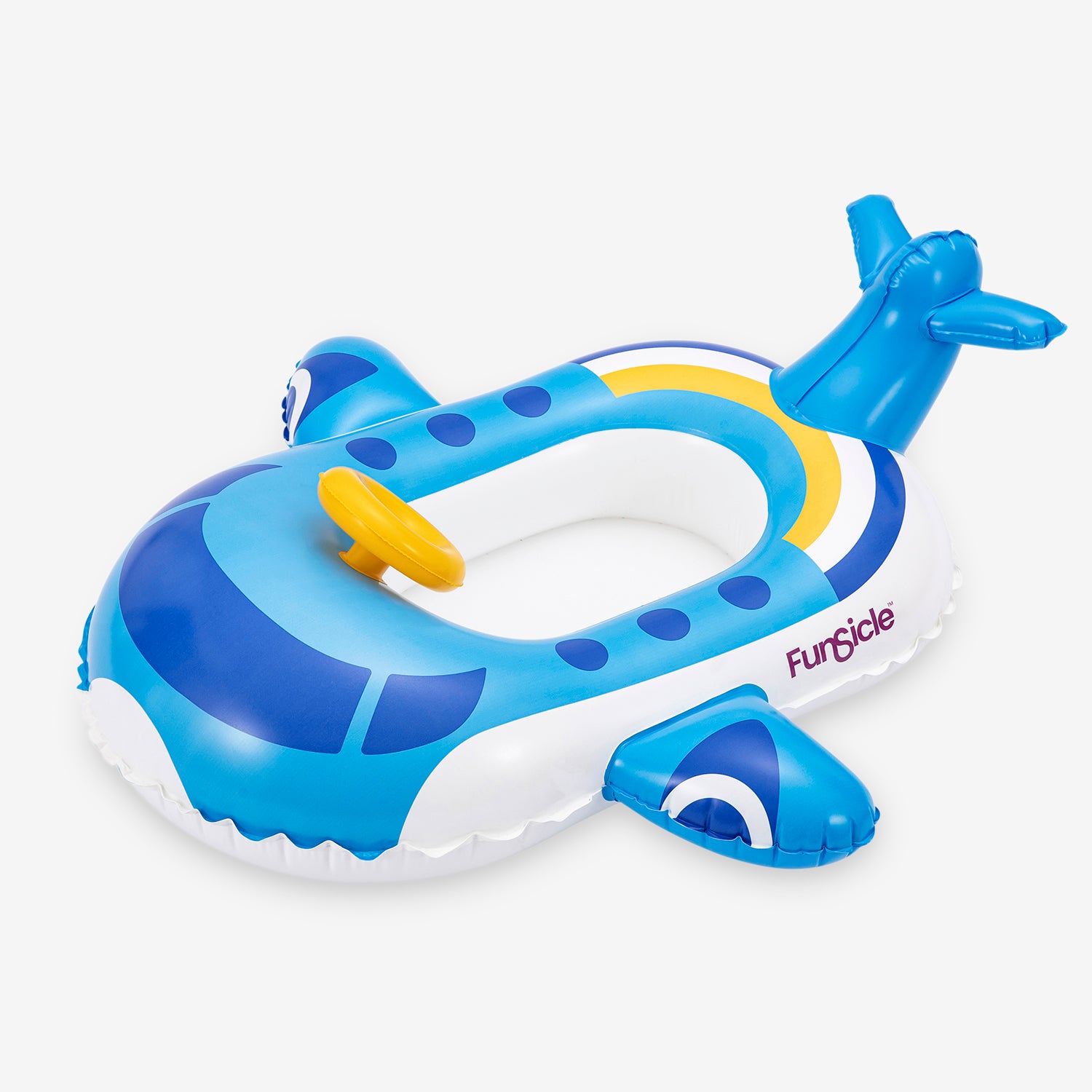Blue inflatable airplane-shaped pool float with yellow propeller on a white background