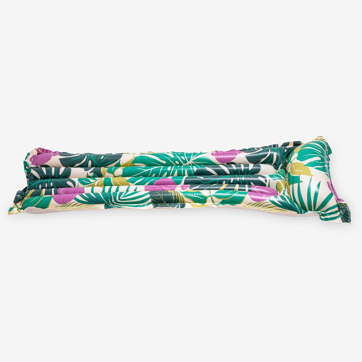 Inflatable pool float with tropical leaf pattern on a white background