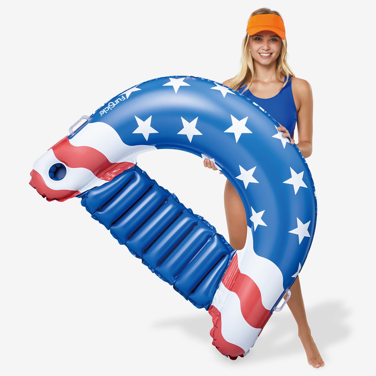 Woman holding an inflatable pool float with American flag design on a white background