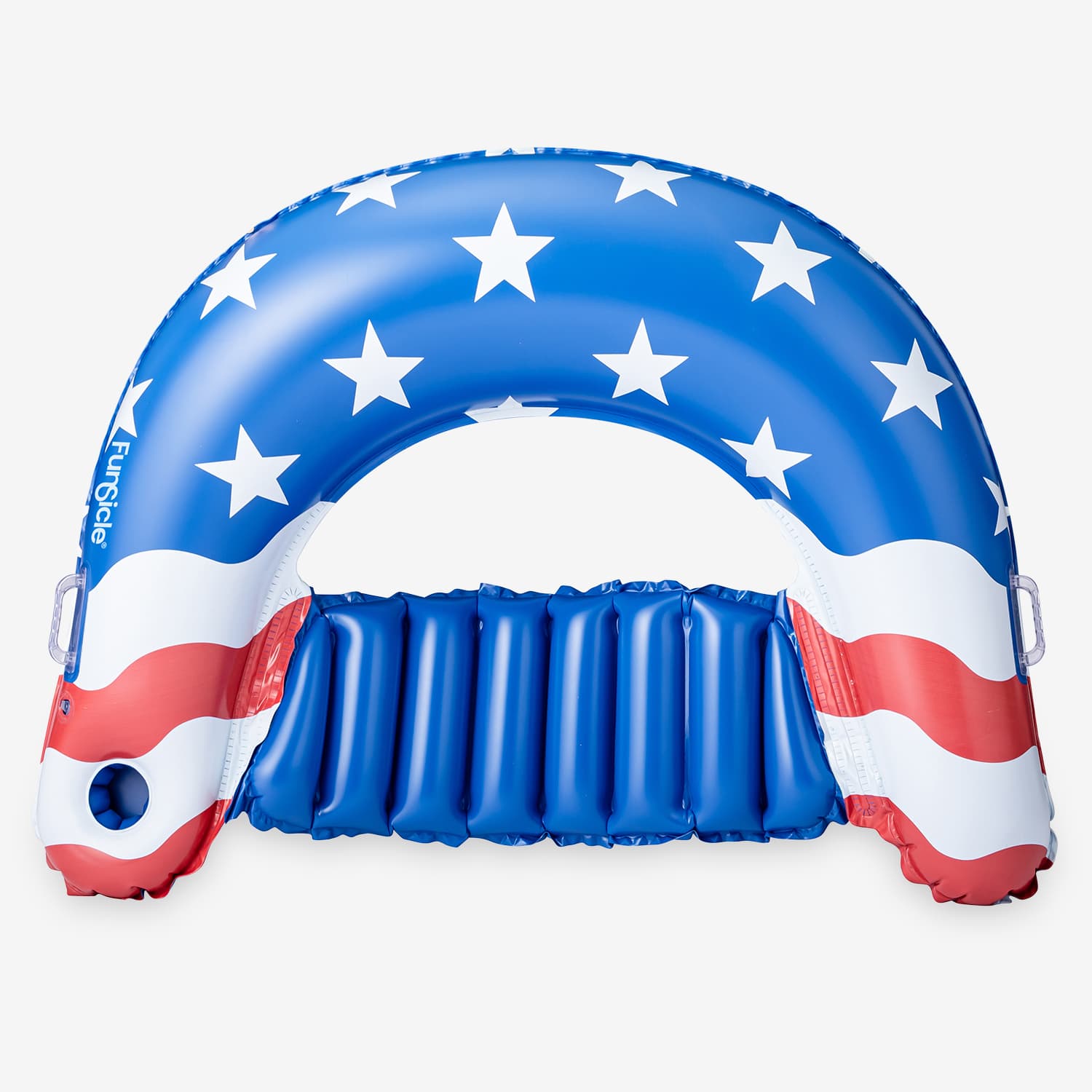 Inflatable pool float with American flag design on a white background
