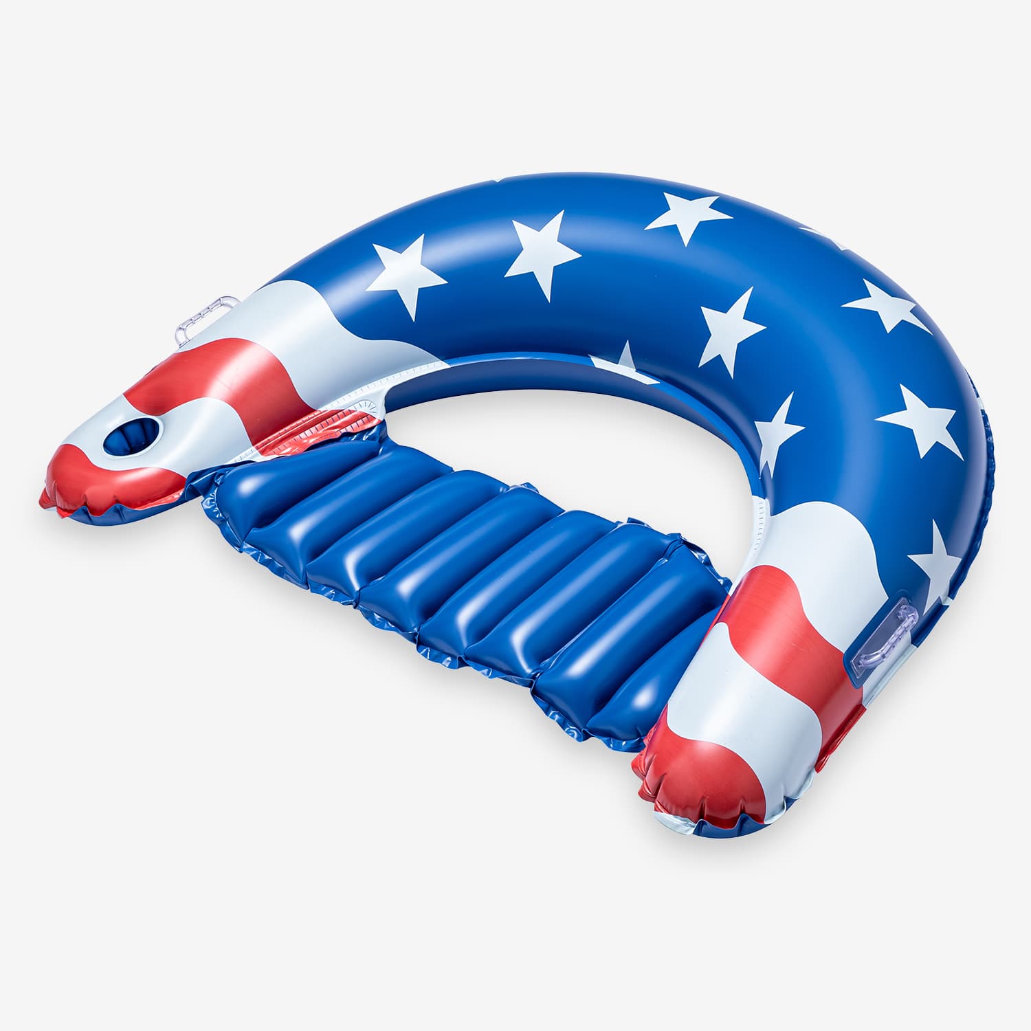 Inflatable pool float with American flag design on a white background