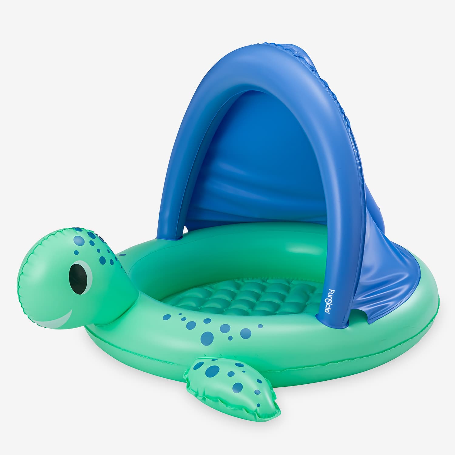 Inflatable turtle shaded pool with a blue canopy on a white background