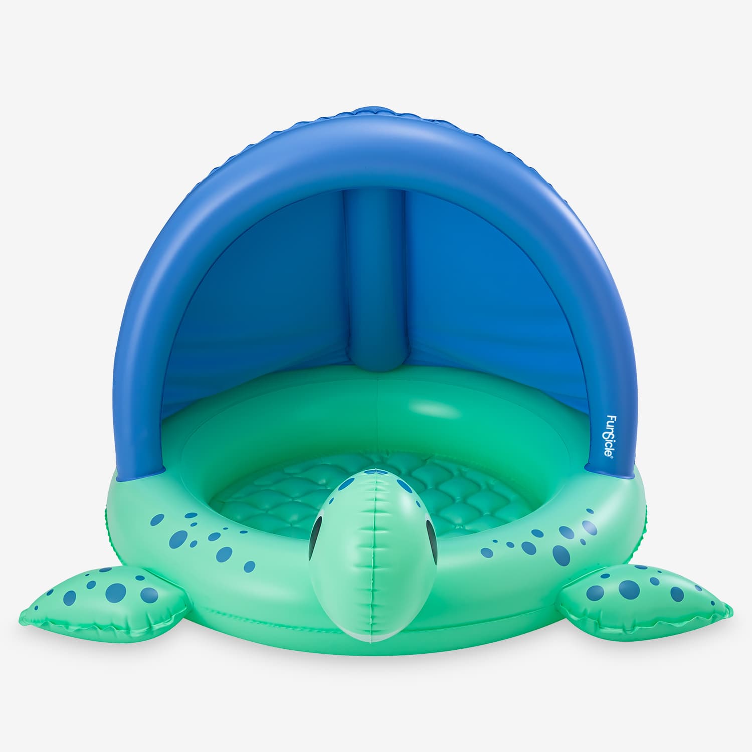 Inflatable turtle shaded pool with a blue canopy on a white background