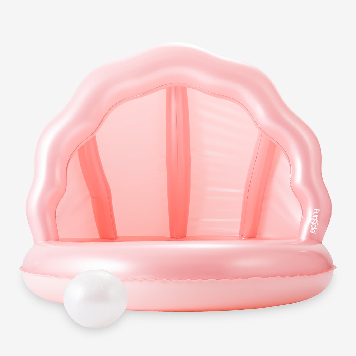 Pink inflatable baby pool with a white ball on a light gray background