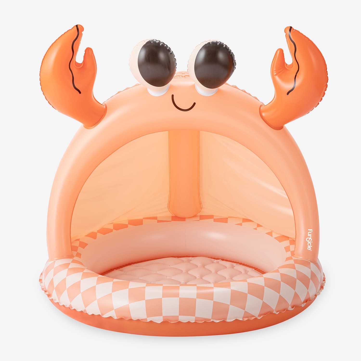 Inflatable crab-shaped pool float with a checkered base on a white background