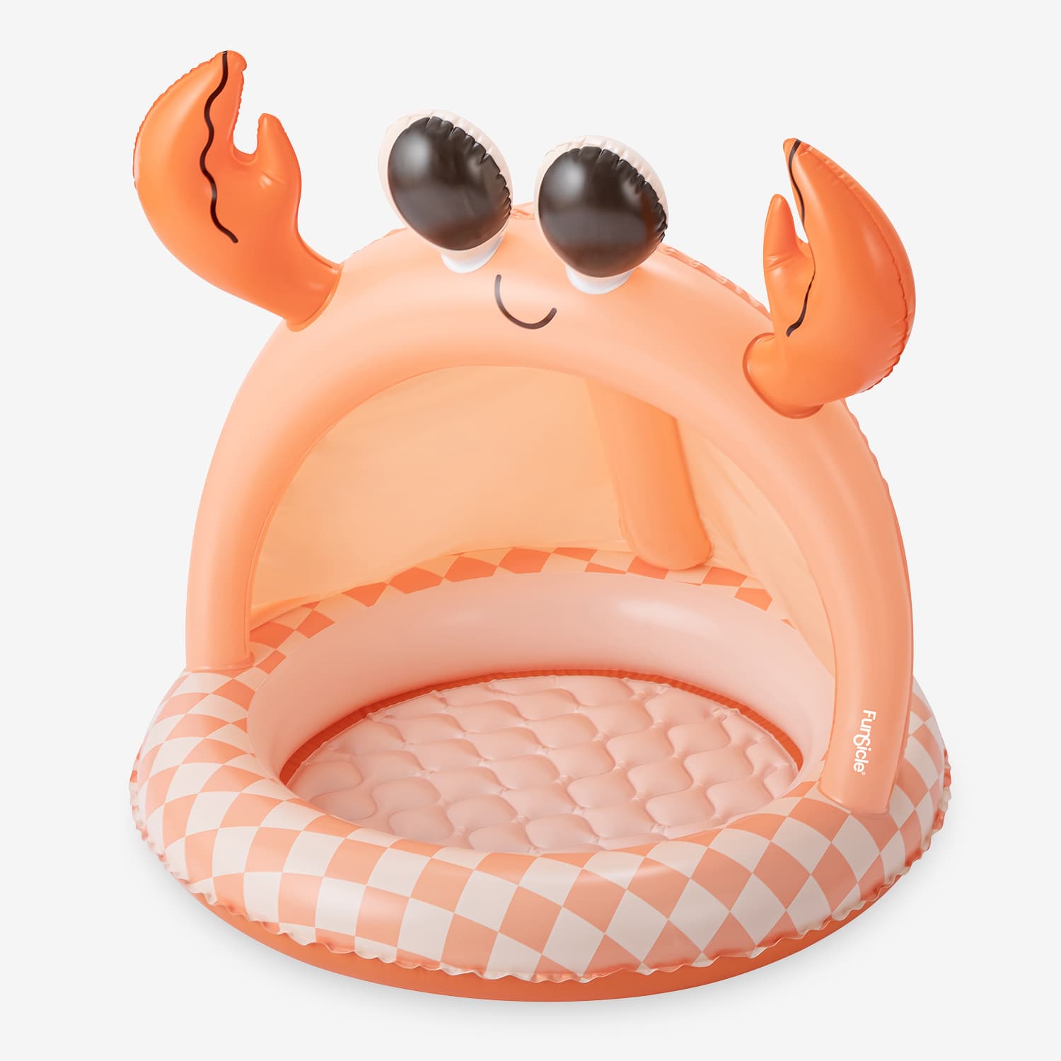 Inflatable crab-shaped pool float with a checkered base on a light gray background