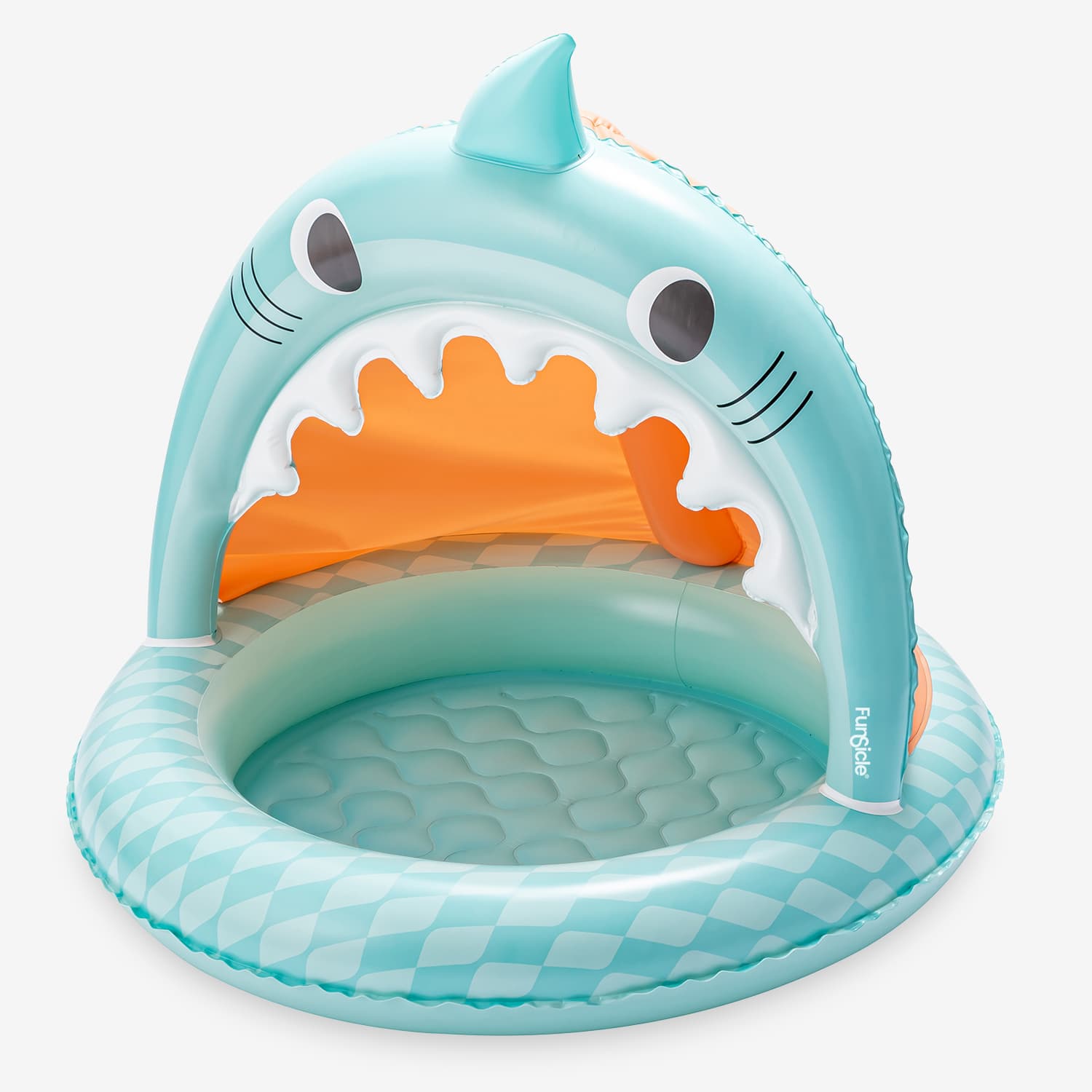 Inflatable shark-shaped pool on a white background