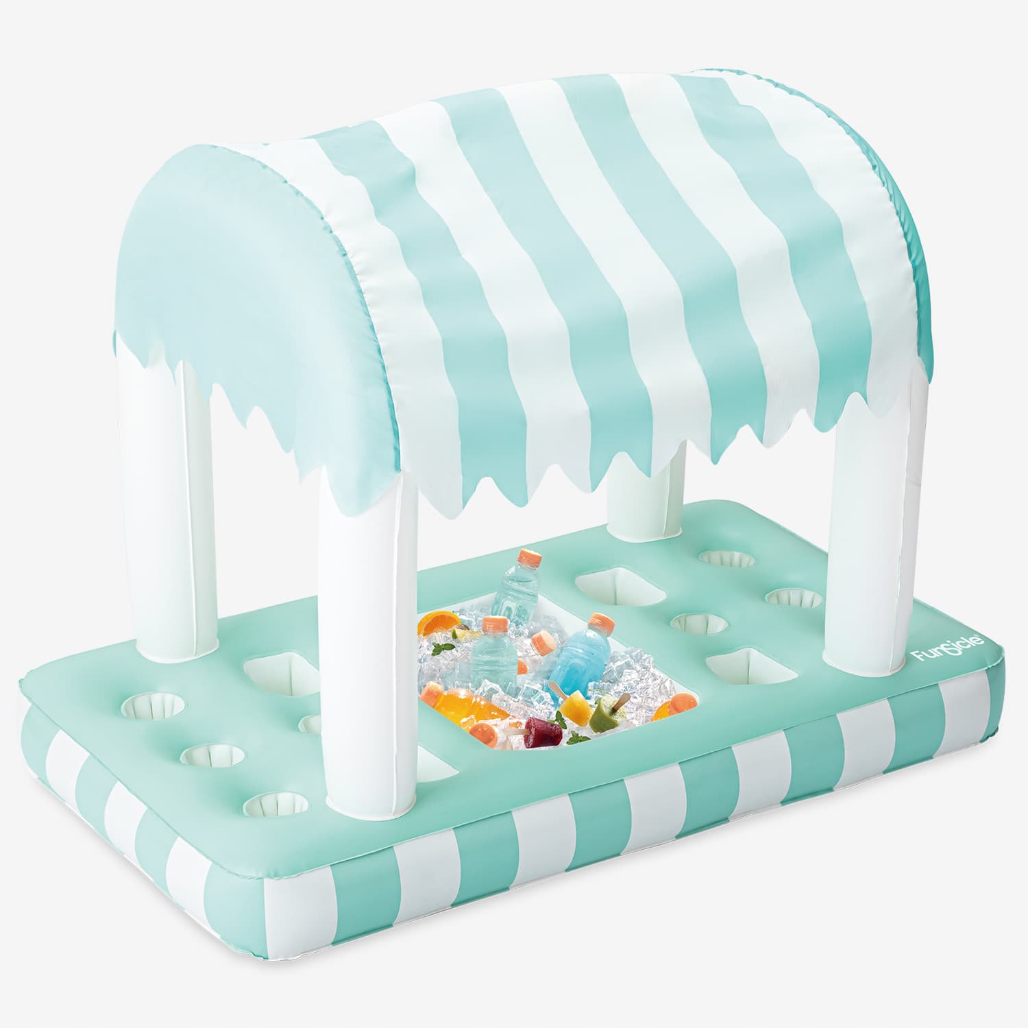 Inflatable drink holders with striped canopy and food on a white background