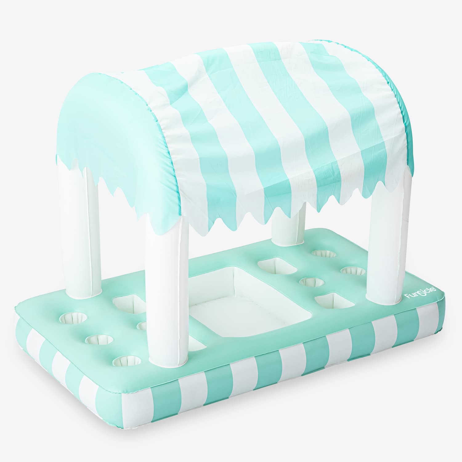 Inflatable drink holders  with blue and white striped canopy on a white background